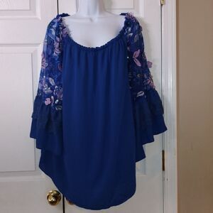 Colleen Lopez Off-Shoulder Royal Blue Embroidered Sleeve Blouse Sz XL NWOT